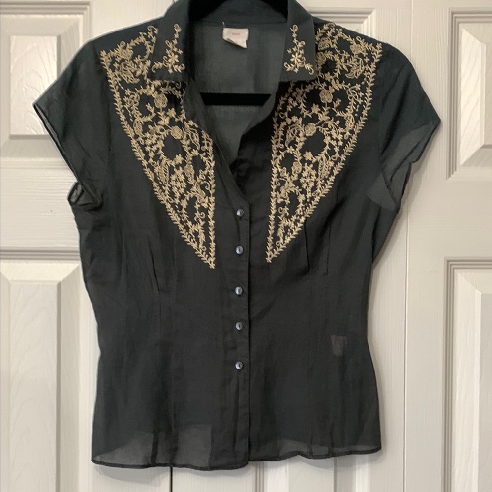 Embroidered Black Button Down Shirt